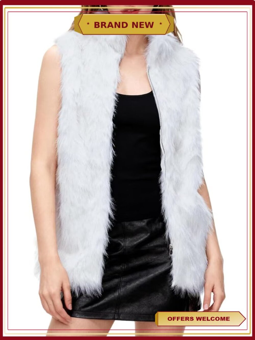 Faux Fur Zip Up Vest Stand Collar Sleeveless Jacket with Pocket